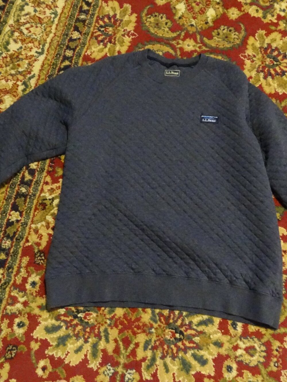 LL Bean Sweatshirt Mens Large Gray Waffle Knit Thermal Crewneck Pullover Sweater